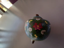 Load image into Gallery viewer, A Chinese cloisonne koro having three foot base with decoration of flowers on blue background