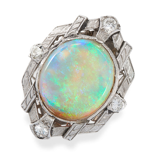 Vintage Platinum Opal and Diamond Dinner Ring