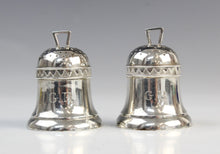 Load image into Gallery viewer, A pair of Victorian novelty bell-shaped silver pepperettes by Horace Woodward &amp; Co, Birmingham 1884