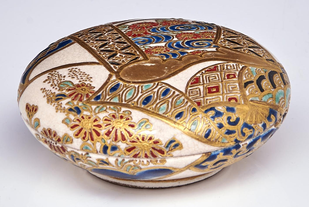 A Japanese  Satsuma period box and cover, Kogo, enamelled and richly gilt with textile patterns