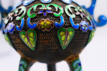 Load image into Gallery viewer, Chinese silver enamelled two handled jai vessel on tripod feet