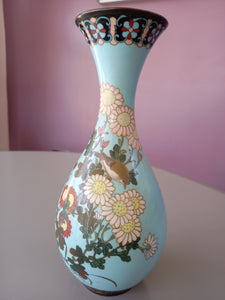 antique cloisonne slender neck vase having sky blue ground decorated with birds and flowers