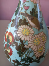 Load image into Gallery viewer, antique cloisonne slender neck vase having sky blue ground decorated with birds and flowers
