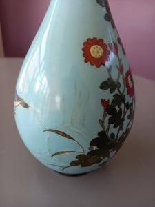 antique cloisonne slender neck vase having sky blue ground decorated with birds and flowers
